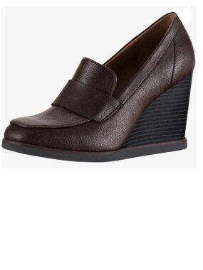 YDN Brown Dressy Pump Square Closed Toe Slip On Loafers Wedges High Heeled Shoes